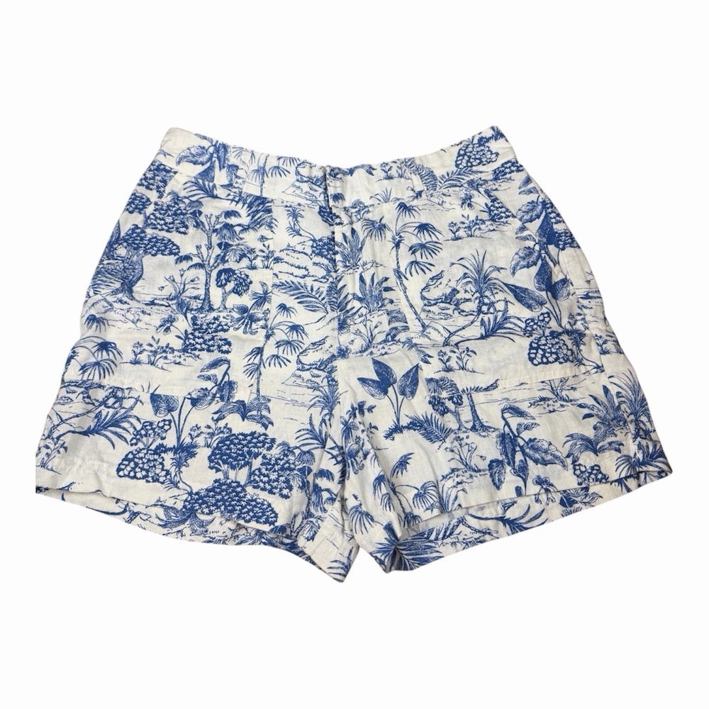 Nicole Miller Linen Blend Toile de Jouy Shorts Botanical Pattern Elastic Waist
